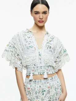 Women Alice and Olivia Tabitha Lace Button Front Cropped Blouse
