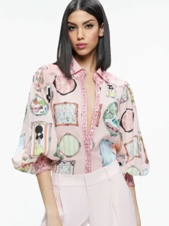 Women Alice and Olivia Tiffie Staceface Drama Sleeve Blouse