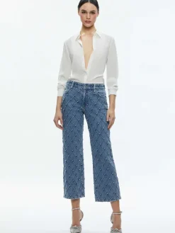 Women Alice and Olivia Weezy Quilted Embellished Cropped Mid Rise Jean