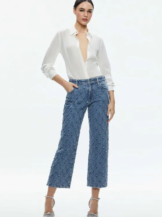Women Alice and Olivia Weezy Quilted Embellished Cropped Mid Rise Jean