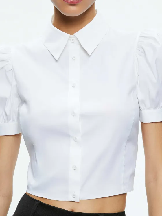 Women Alice and Olivia Willa Cropped Puff Sleeve Button Down
