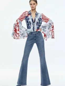 Women Alice and Olivia Willa Fitted Placket Bell Sleeve Top