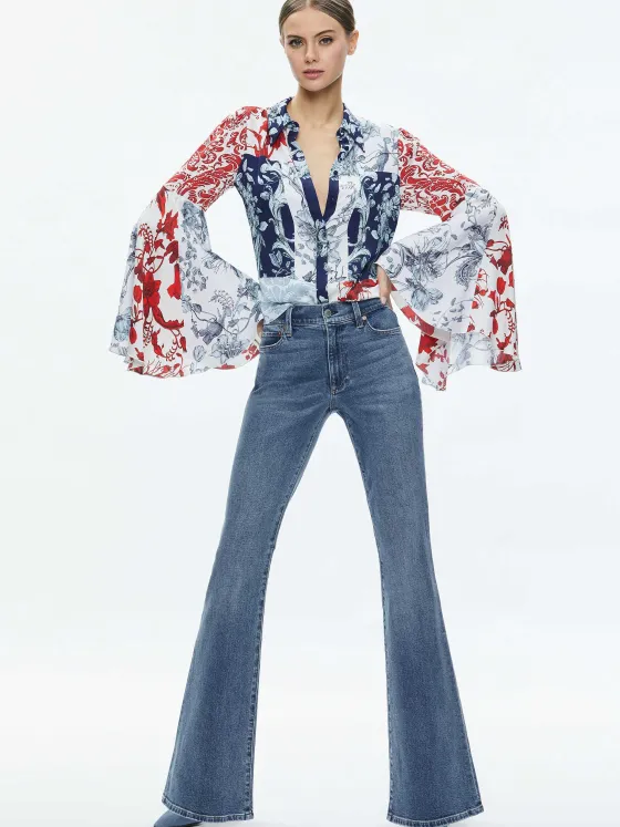 Women Alice and Olivia Willa Fitted Placket Bell Sleeve Top