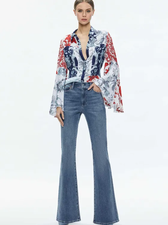 Women Alice and Olivia Willa Fitted Placket Bell Sleeve Top