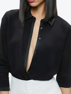 Women Alice and Olivia Willa Relaxed Placket Top With Piping Detail